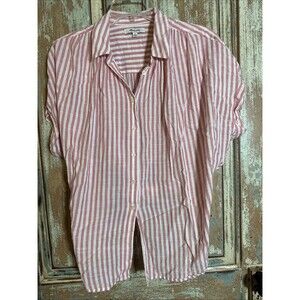 Madewell Women's Button Up Top Large Pink White Stripe Back Tie